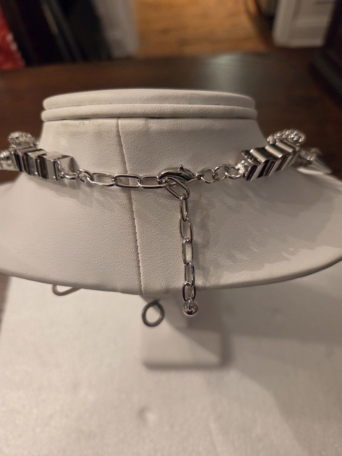 Silver Tone Spiked Crystal Statement Collar Bib Necklace Adjustable Hook Link