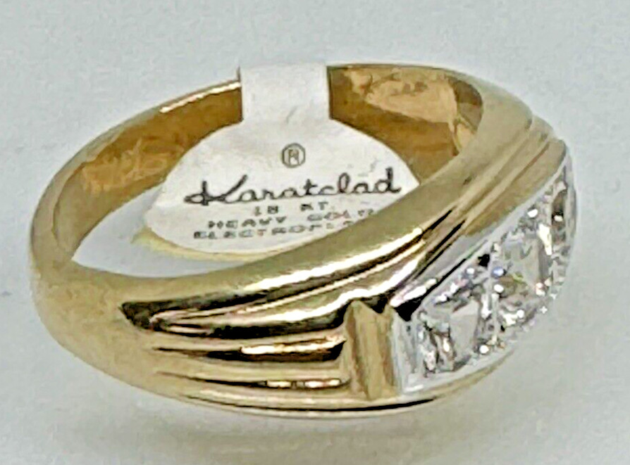 Men’s Uncas Karat clad 3 Stone Ring 18k Heavy Gold Electroplate NOS NWT S11.5