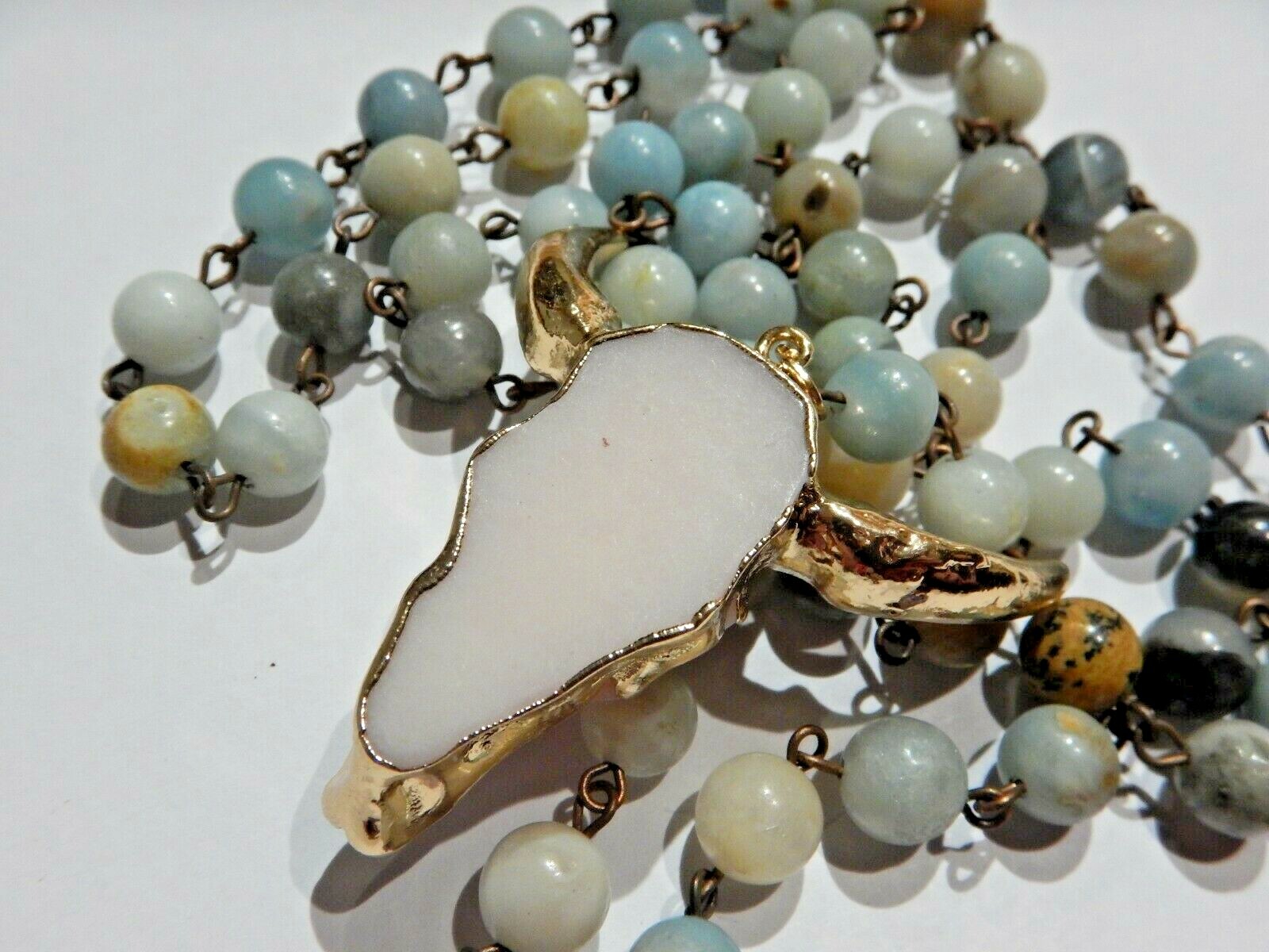 COW SKULL BEADED NECKLACE Amazonite stone blue goldtone ox bull cattle boho L5