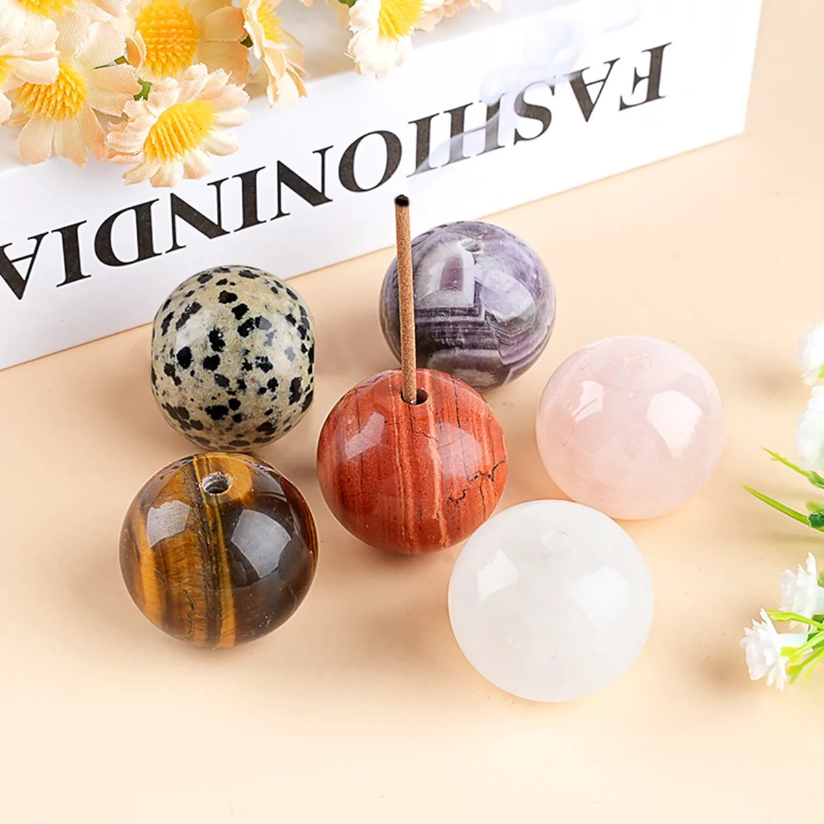 6PCS 25MM Stone Sphere Incense Holder Meditation Yoga Office Home Decor In Bag