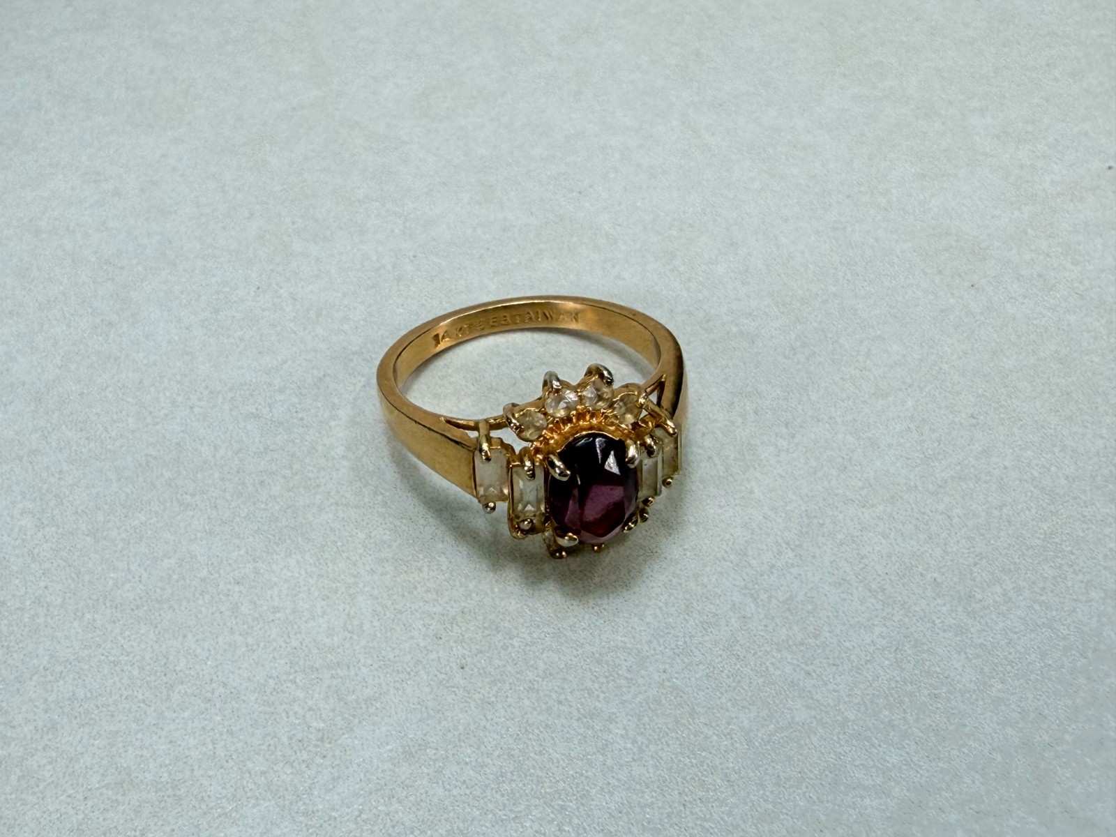 Vintage 14K GE Taiwan Ruby Red CZ Cocktail Ring Baguette Halo Estate Jewelry