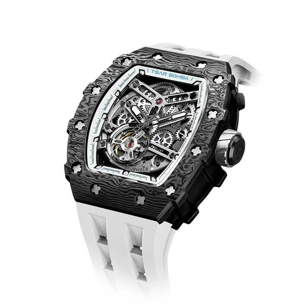 TSAR BOMBA Mens Automatic Watch Carbon Fiber Skeleton Tonneau Sapphire White Str