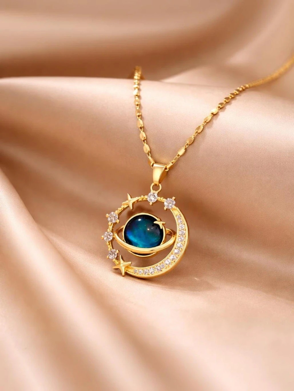 Gold-Plated Moon & Star Zircon Pendant Necklace | Art Deco Style, Daily Wear