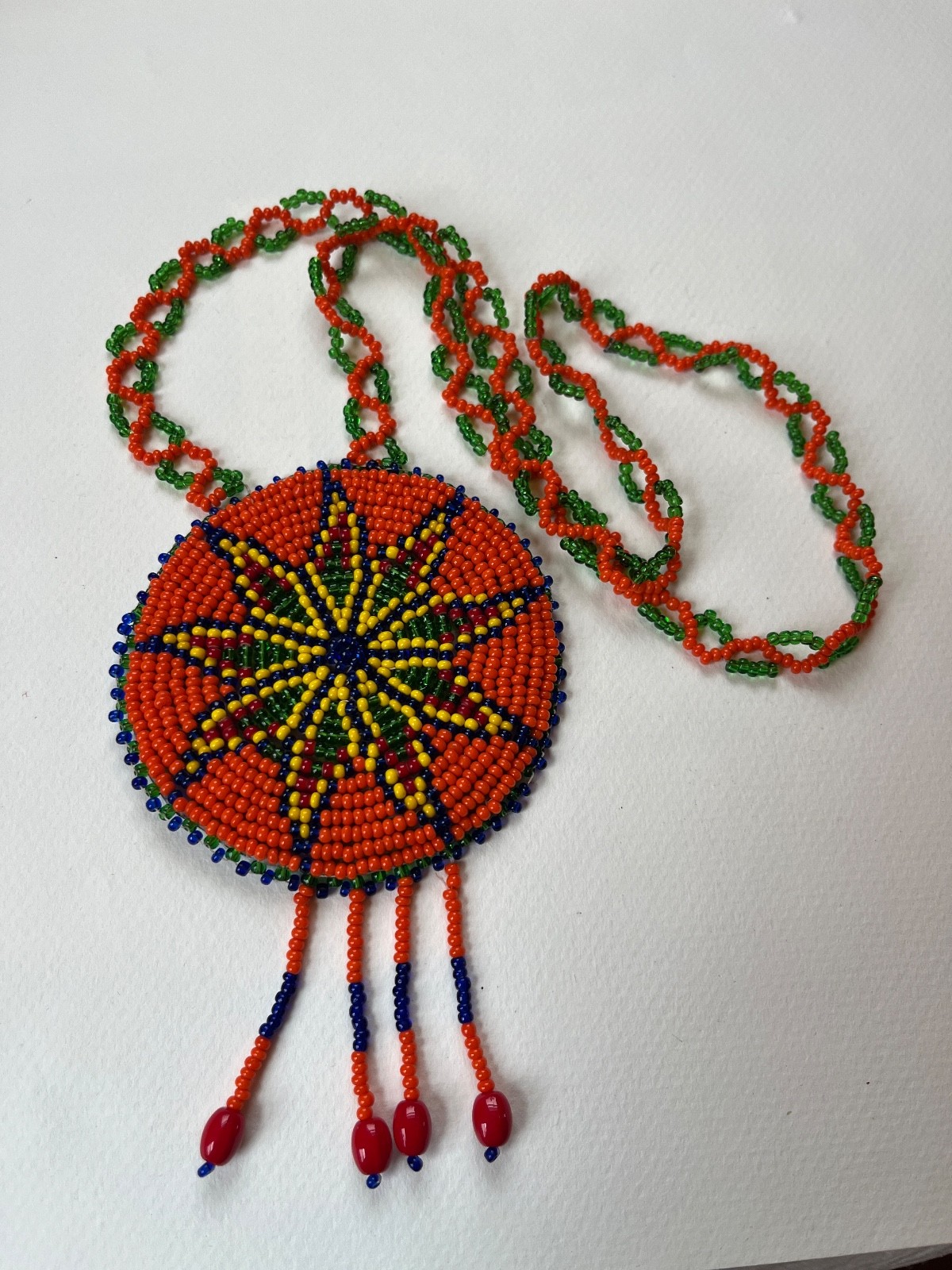 Orange & Green Beaded Chain w Large Blue Yellow Orange Bead Southwest Medallion
