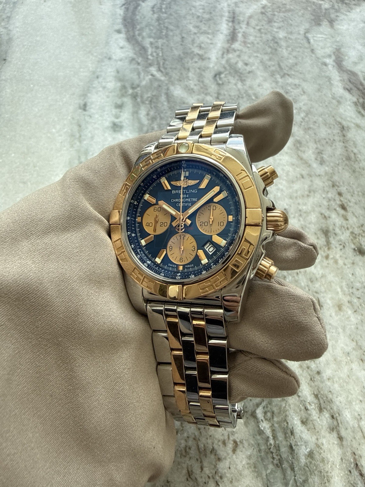 Breitling Chronomat 44 Blue Dial Chronograph CB0110 18K/Stainless Steel Watch