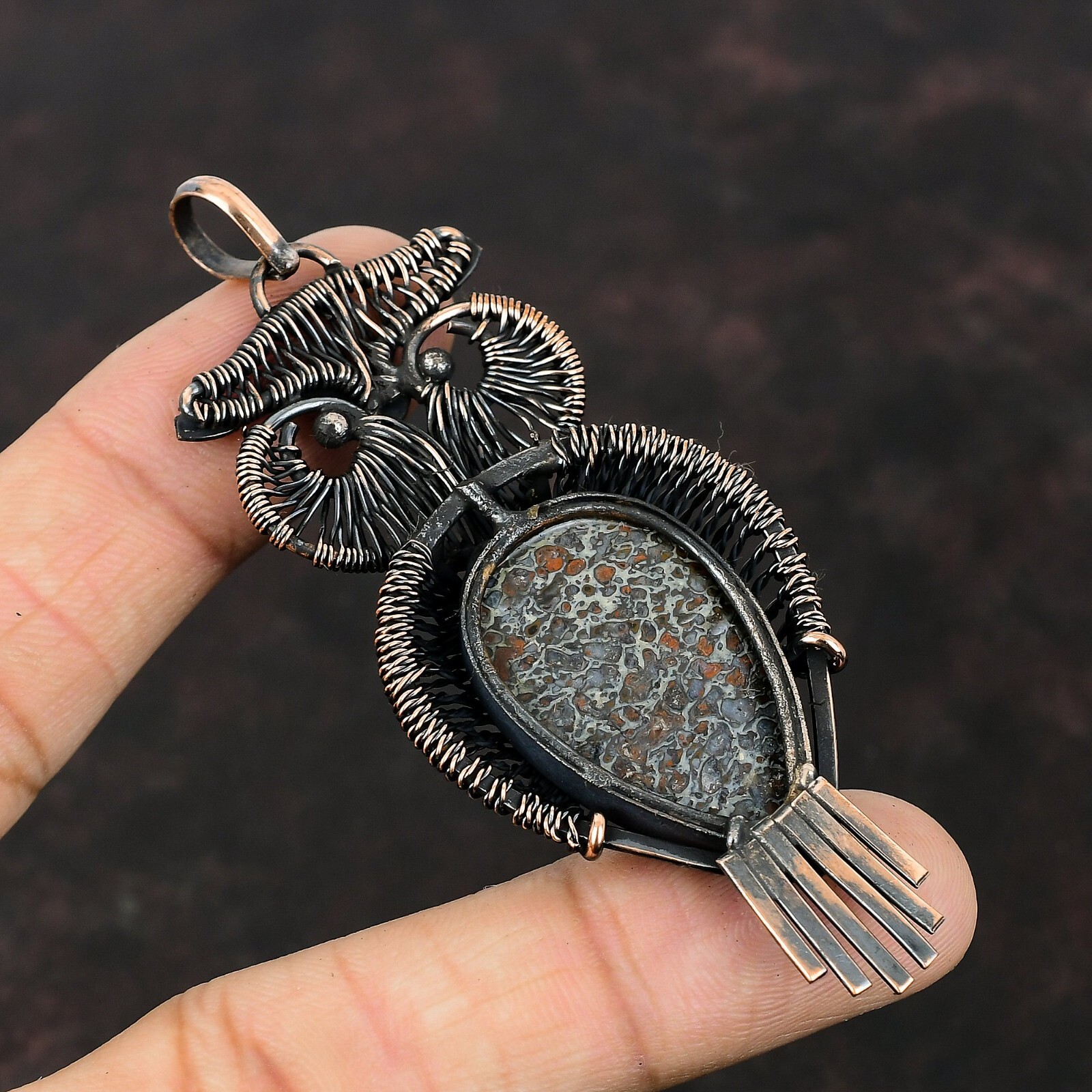 Dinosaur Bone Jewelry Copper Gift For Mother Wire Wrapped Owl Pendant 3.39″