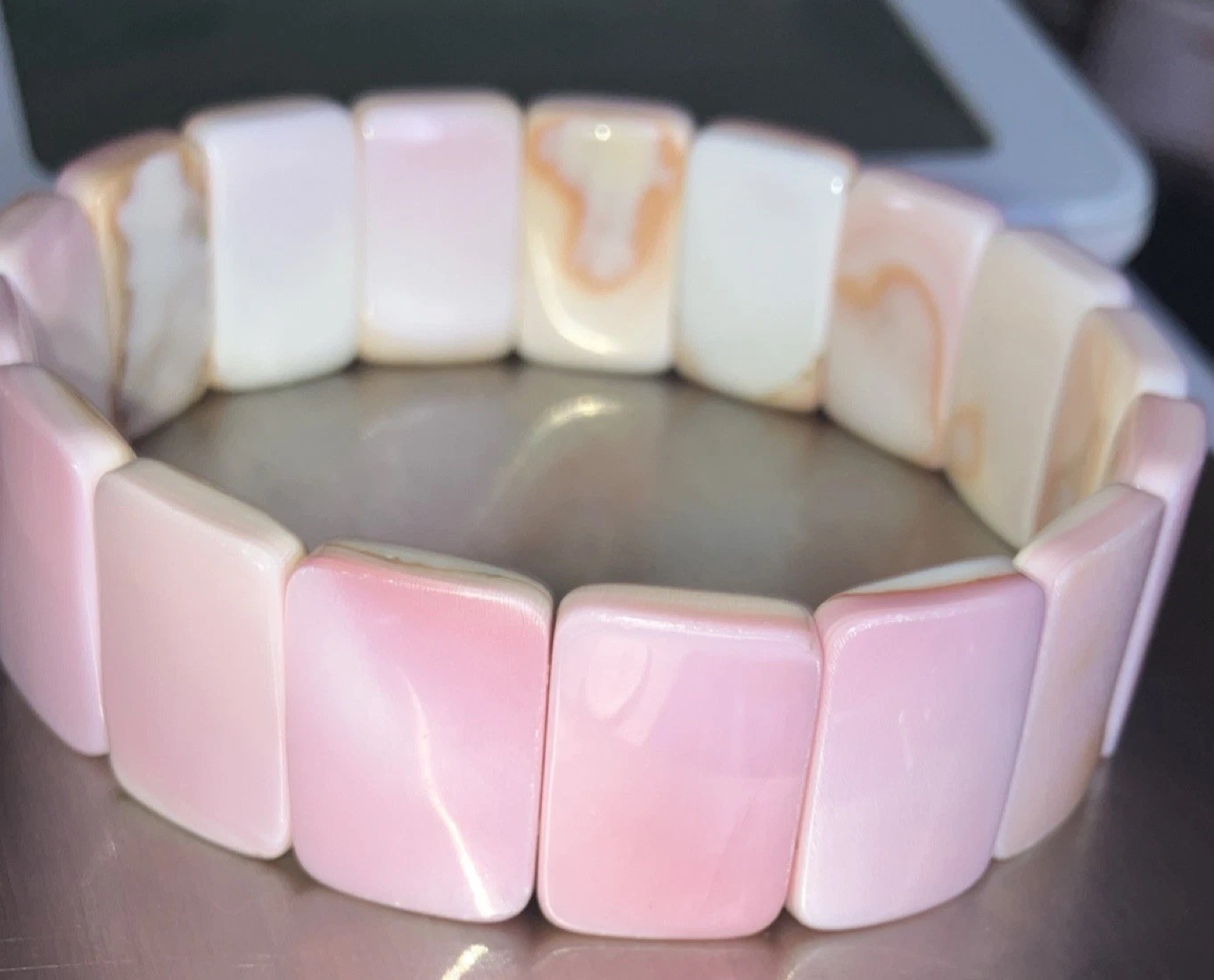Pink Conch Shell Rectangle Beaded Stretch Bracelet 7.5″ Flexible 1 inch wide