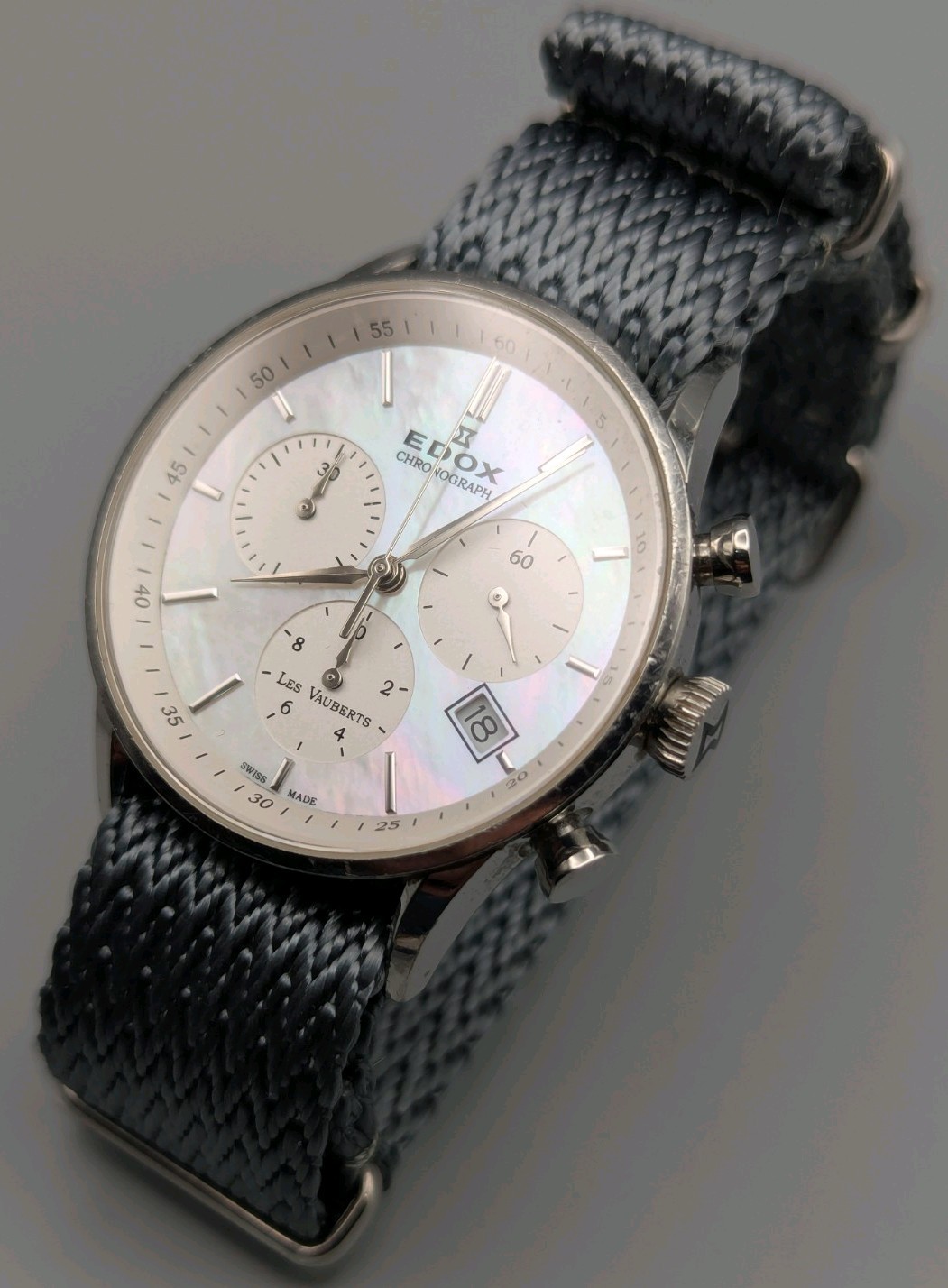 Edox Les Vauberts Quartz Chronograph. Mother Of Pearl Dial. ZuluDiver NATO Strap