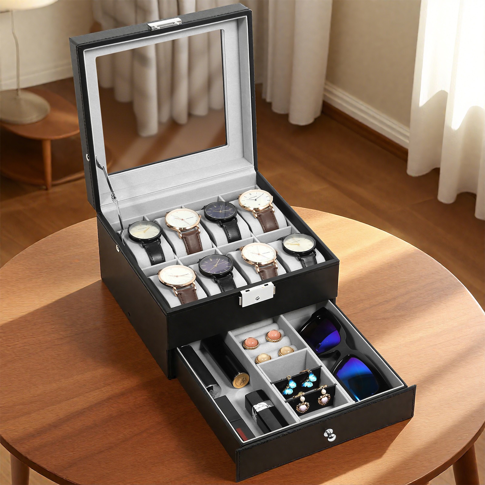 8 Slot PU Leather Watch Box Glass Top Organizer Jewelry Display Case New