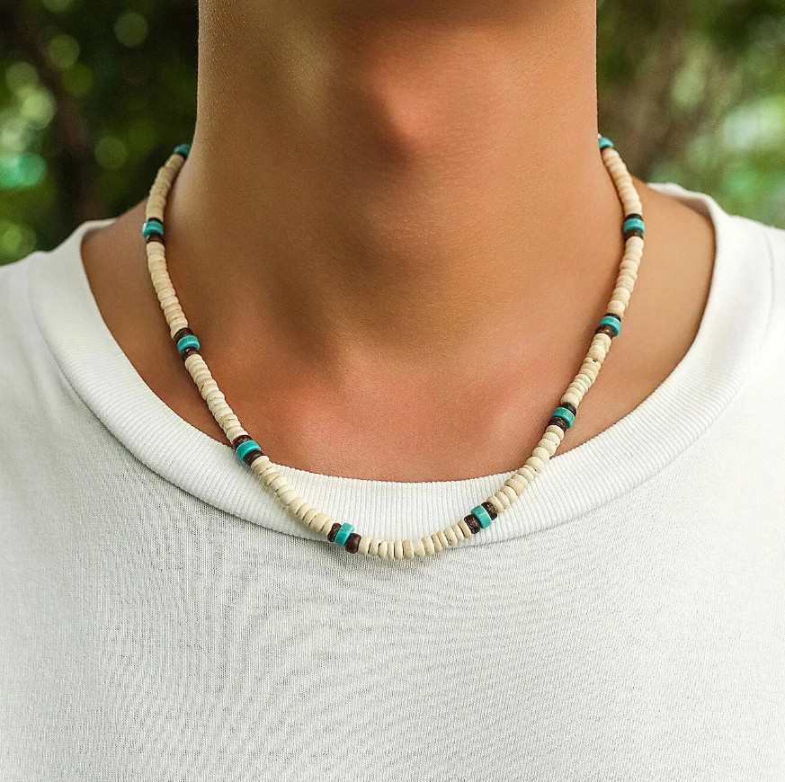 1pcs Men’s Wooden Bead Surfer Necklace – Handmade Tribal Summer Jewelry -NEW