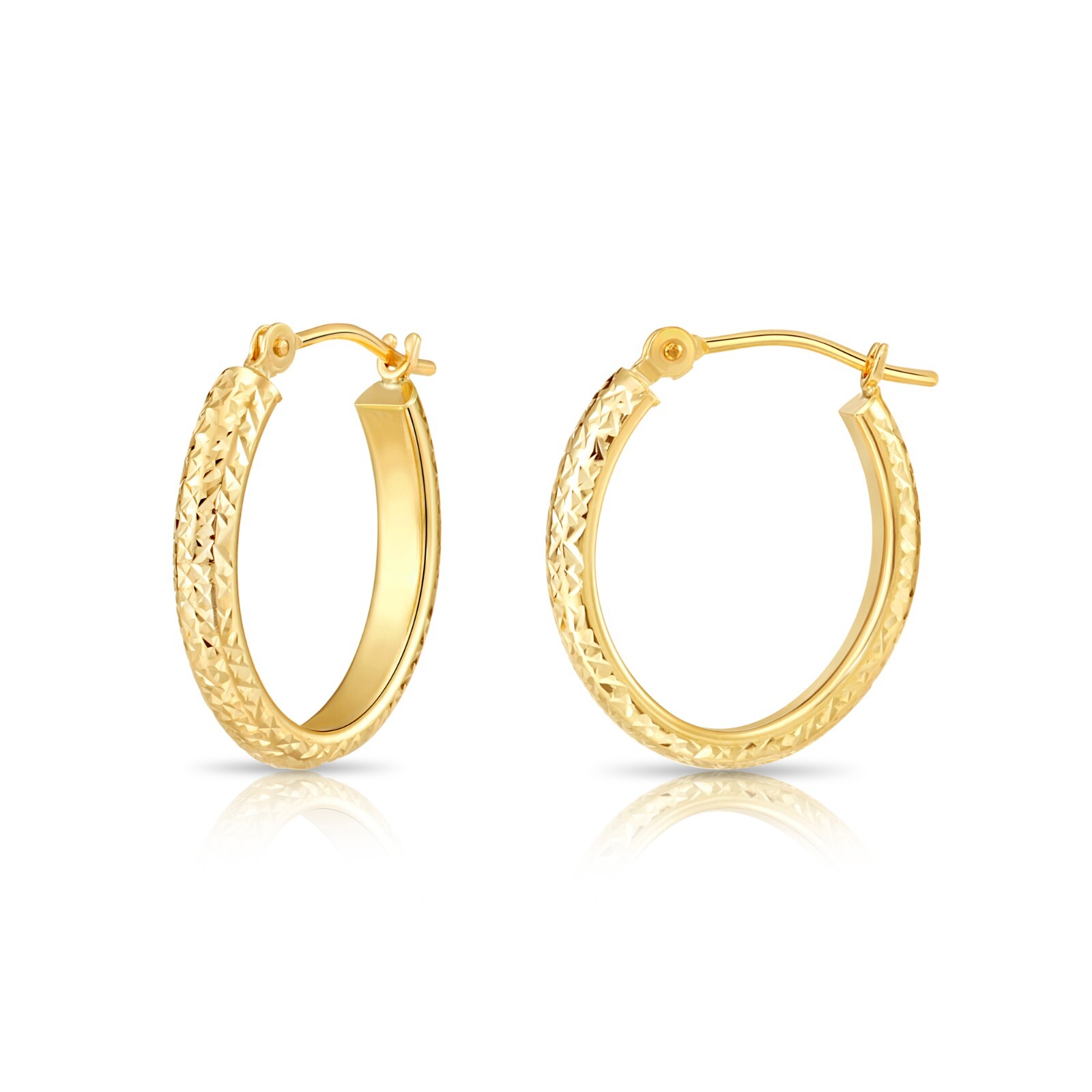 14K Real Solid Gold X Diamond-Cut Chunky Oval Creole Hoops Earrings All Size