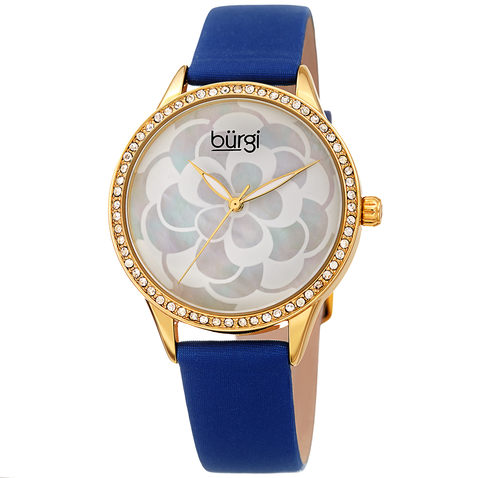 Women’s Burgi BUR203BU Swarovski Floral Gold Tone Dial Blue Leather Strap Watch