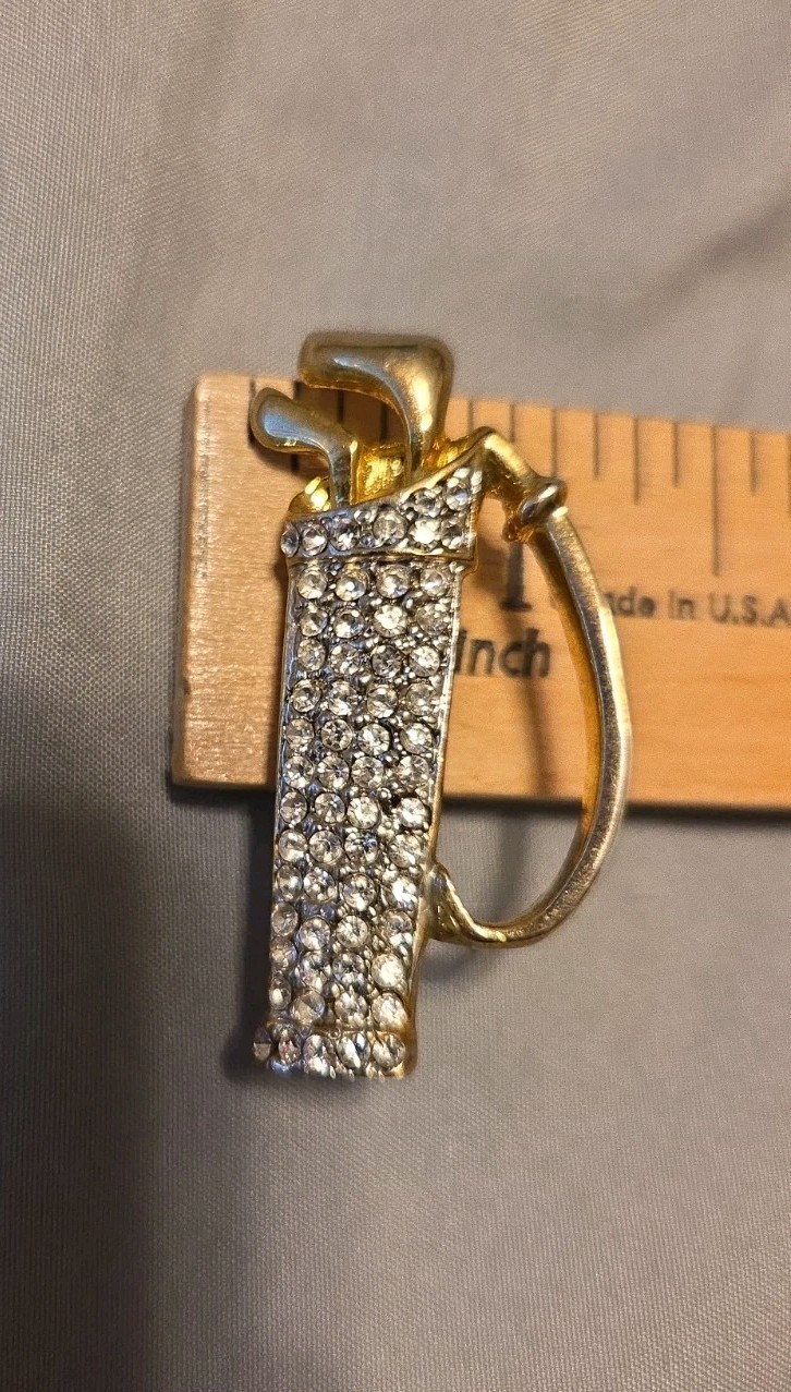 Bin Brooch Sparkling Golf Club Set Gold Tone Rhinestone Crystal Shiny Chic