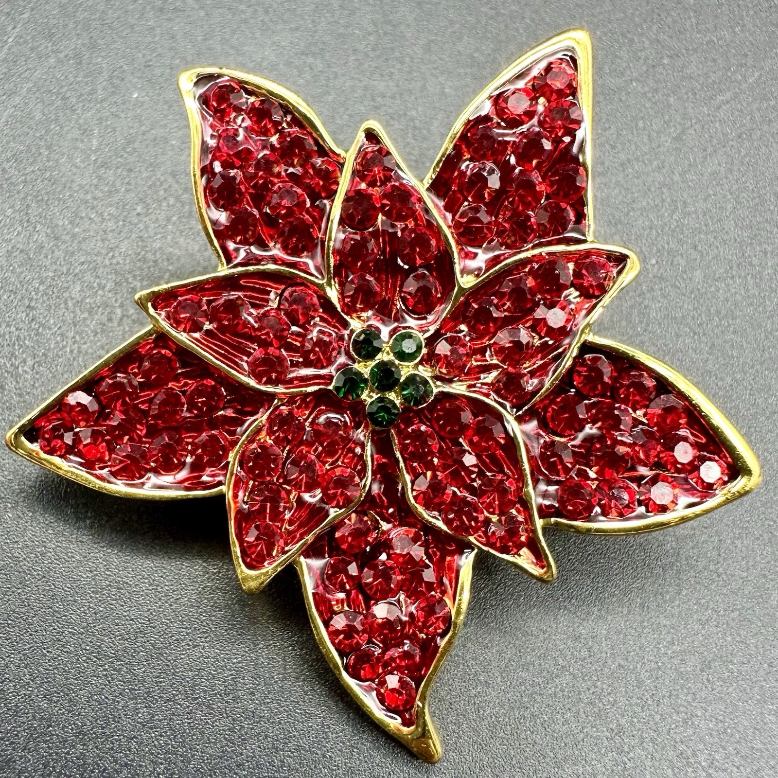 New In Package-2” Red Rhinestone Poinsettia Pin Brooch-Lauren Spencer- Gold Tone