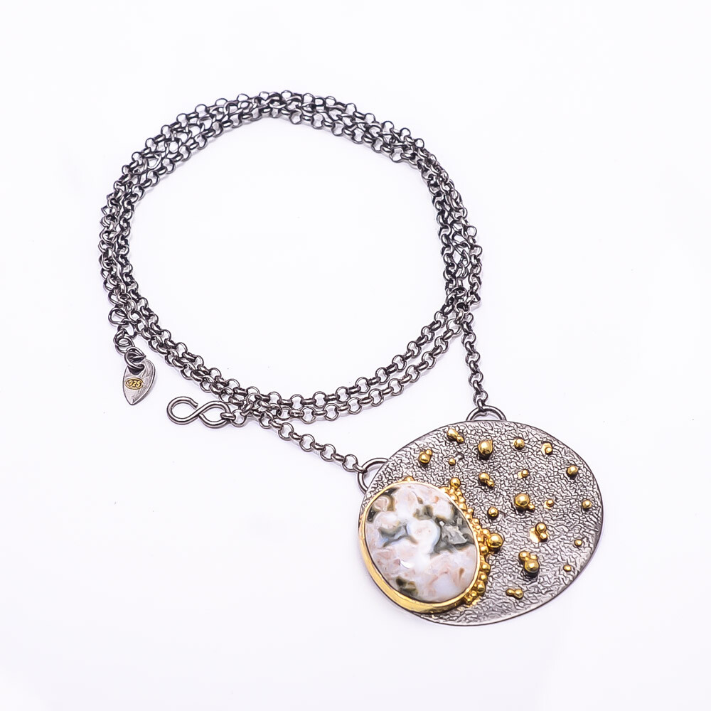 Ocean Jasper Black And Gold Rhodium 925 Silver Necklace 19.99″ N59 Valentin Gift