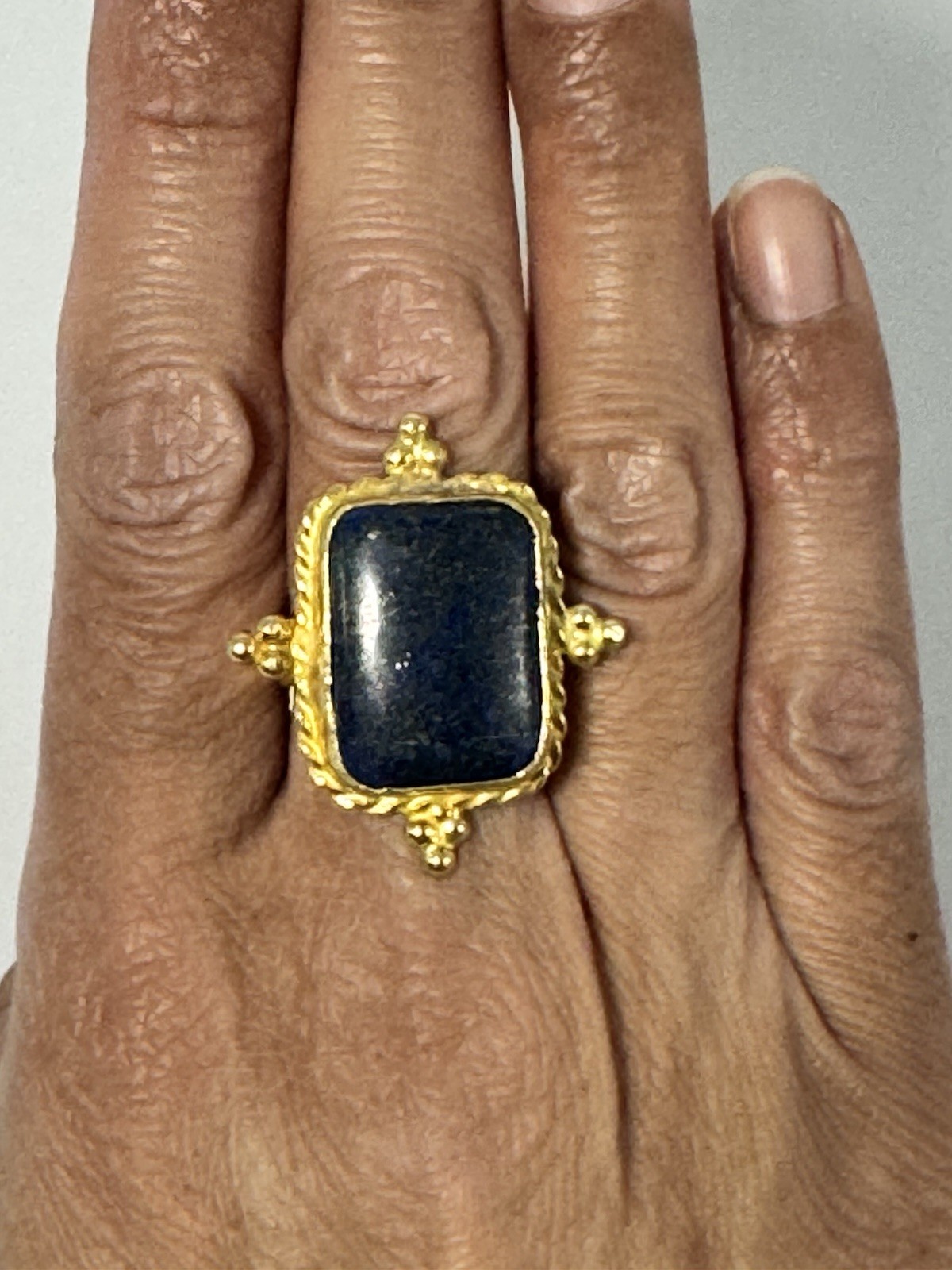 Gold Tone Statement Cocktail Ring Dark Stone Rectangular Cabochon Ornate