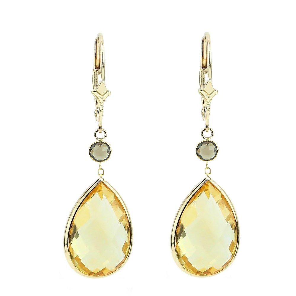 14K Yellow Gold Earrings with Pear Shape Citrine and Round Smoky Topaz
