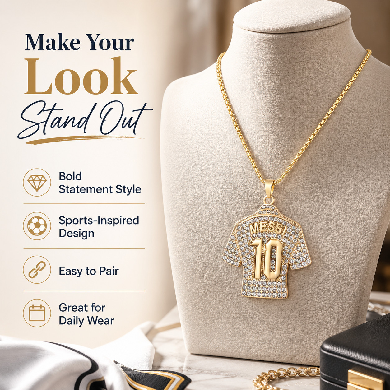 MESSI GOLD NECKLACE – SHINE WITH GOAT LM 10 + EXTRA ACCESSORIES ON US