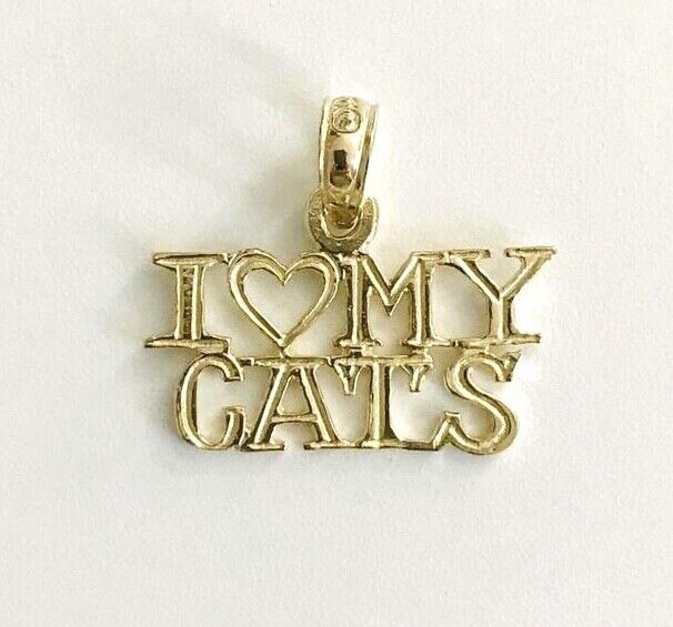 10K Solid Gold I Love My Cats Charm-14mm x 16mm Small 10K Gold Cat Pendant-C3520