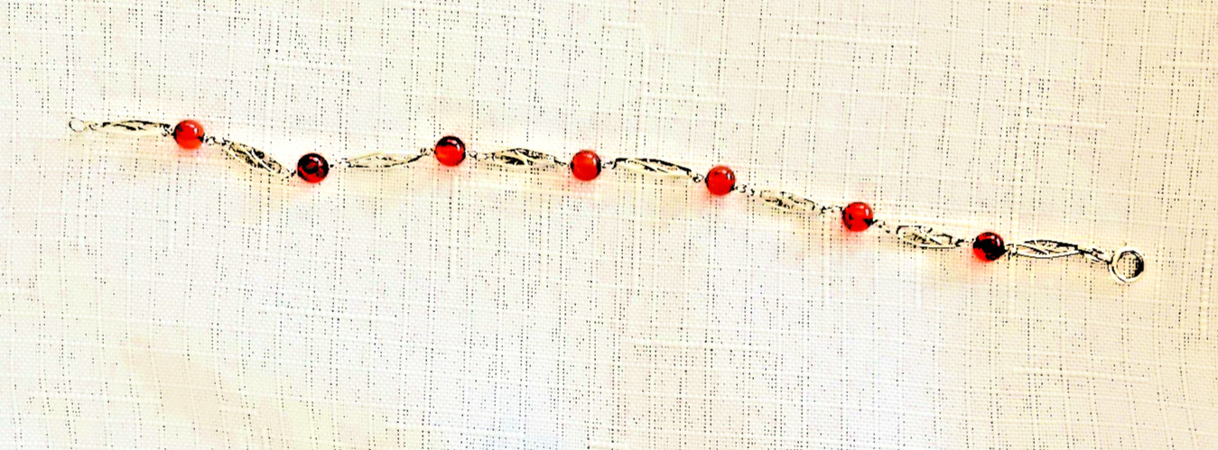 Dainty 10K White Gold Spessartine Garnet Bead Filigree Link Bracelet Vintage