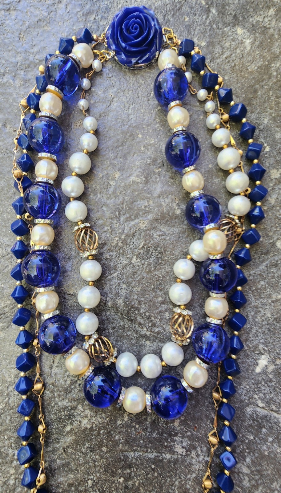 Vintage Upcycled 4 Strand Beaded Necklace. Blue An Gold