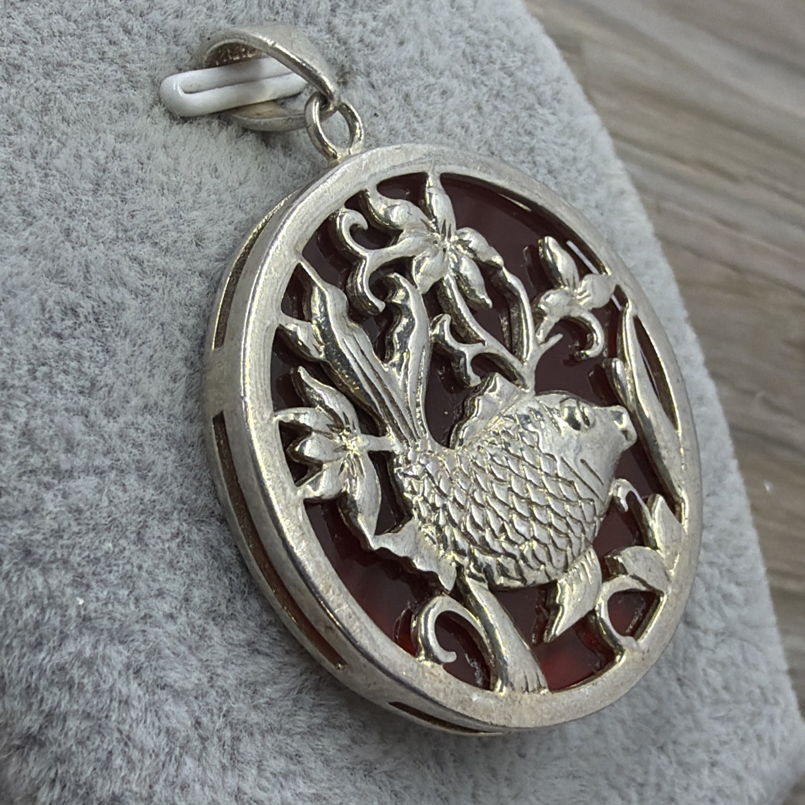 Vintage Sterling Silver Koi Fish Carnelian Pendant Round Filigree Medallion