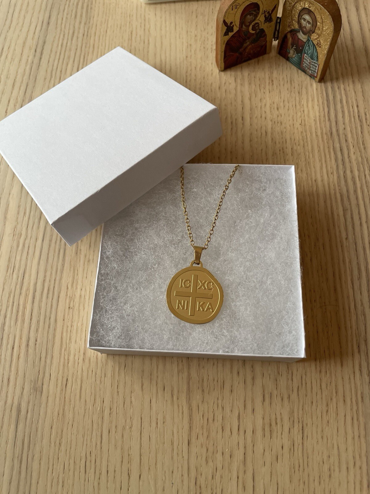 18K Gold Plated SS 1” IC XC NI KA Orthodox Greek Cross Coin Men’s Necklace