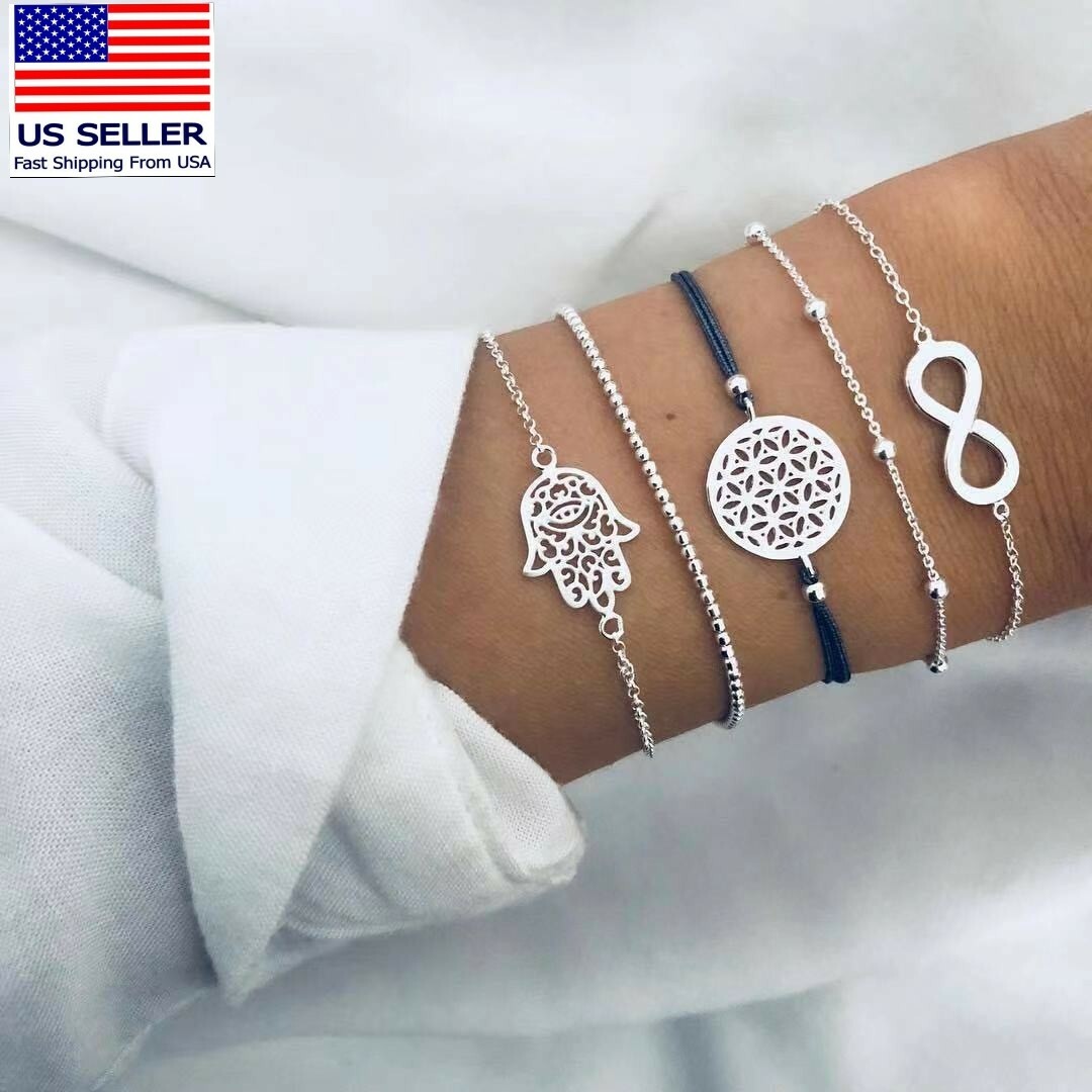 Fashion Women Jewelry Chain Bracelet 5PC Silver Infinity Hollow Palm Wrist 0788