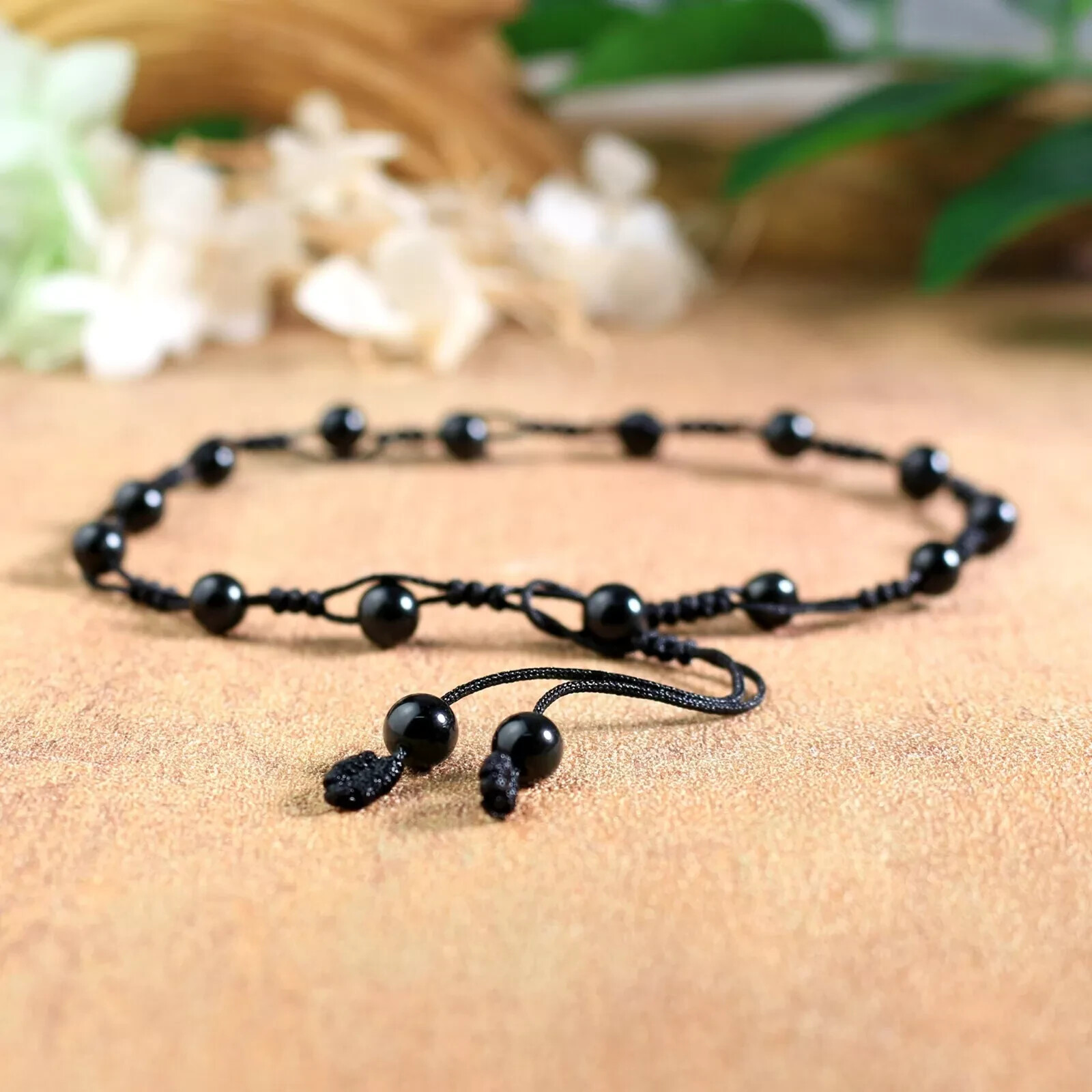 Obsidian Stone Anklet Bracelet Natural Black Gemstone Crystal Braided Anklet