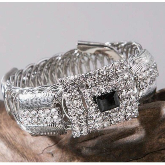 Rhinestone Spring Bangle Bracelet Silver Tone Black Stone Statement Cuff