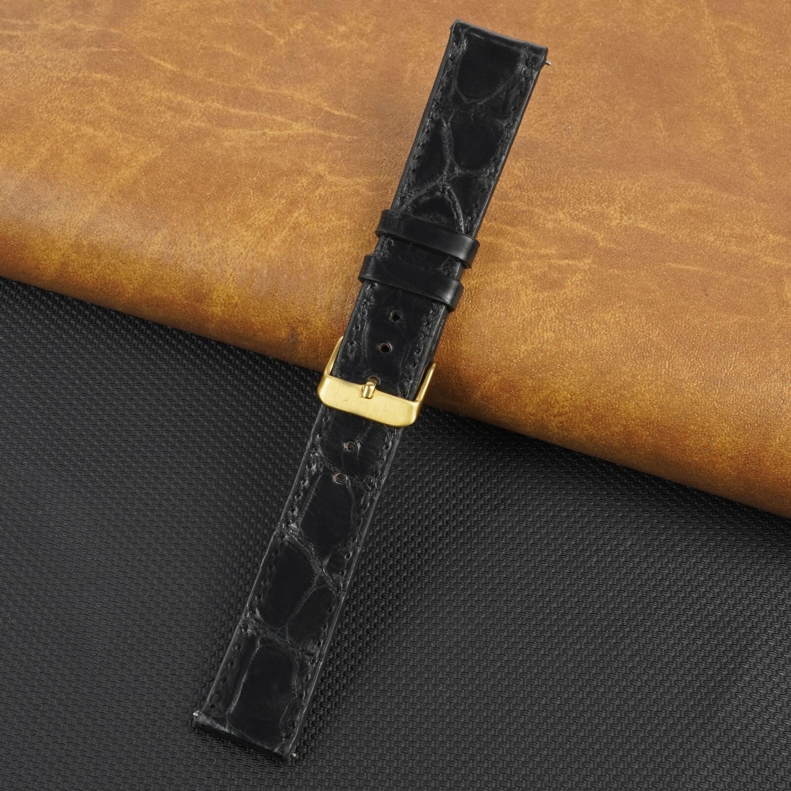 19mm Black Flat Leather Watch Band Genuine Crocodile Watch Strap Gold Buckle