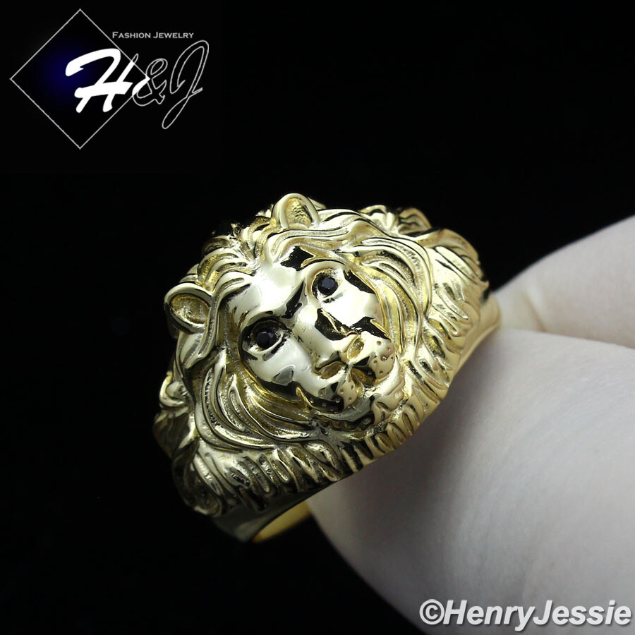 925 STERLING SILVER CUBIC ZIRCONIA EYE PLAIN GOLD PLATED 3D LION FACE RING*GR177