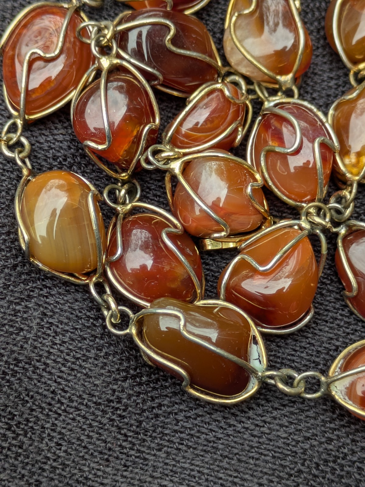 Wire Wrapped Tumbled Banded Agate 32.5″ Necklace ~ Red Orange Brown Gemstone F19