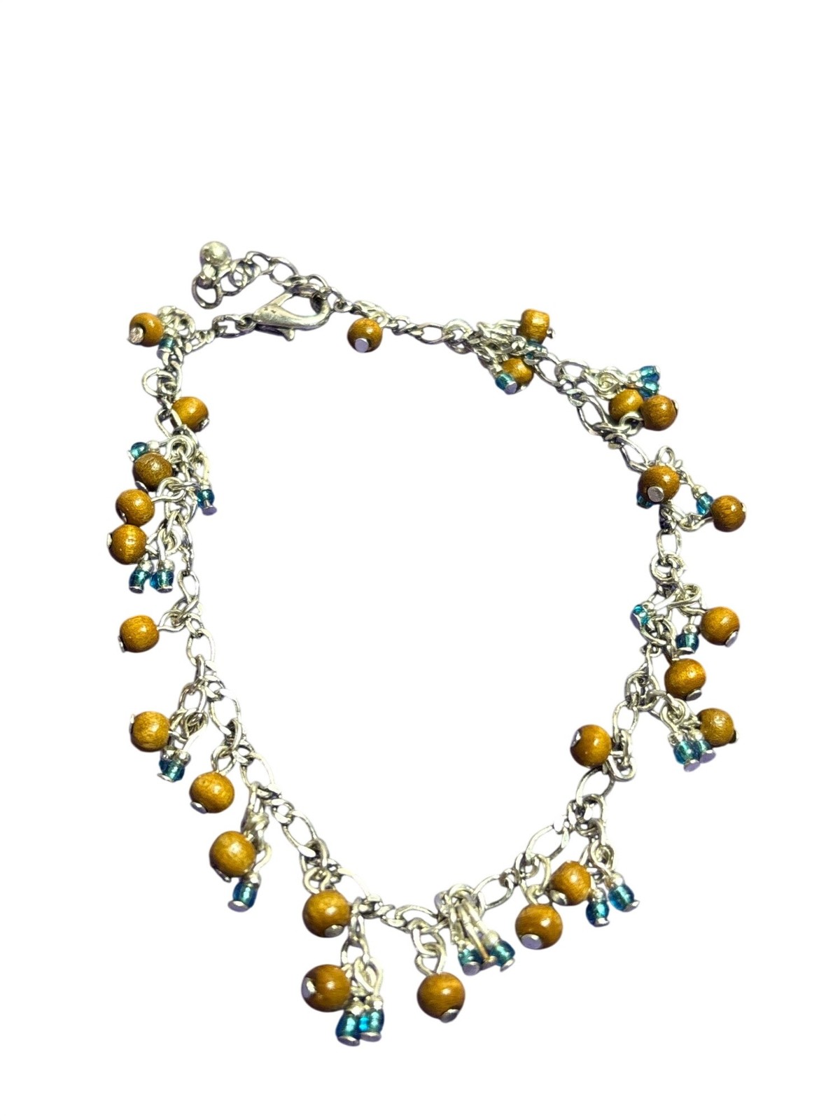 Silvertone Chain Anklet Bead Fringe Blue Brown Wooden 8.5 – 9.5 inches Long