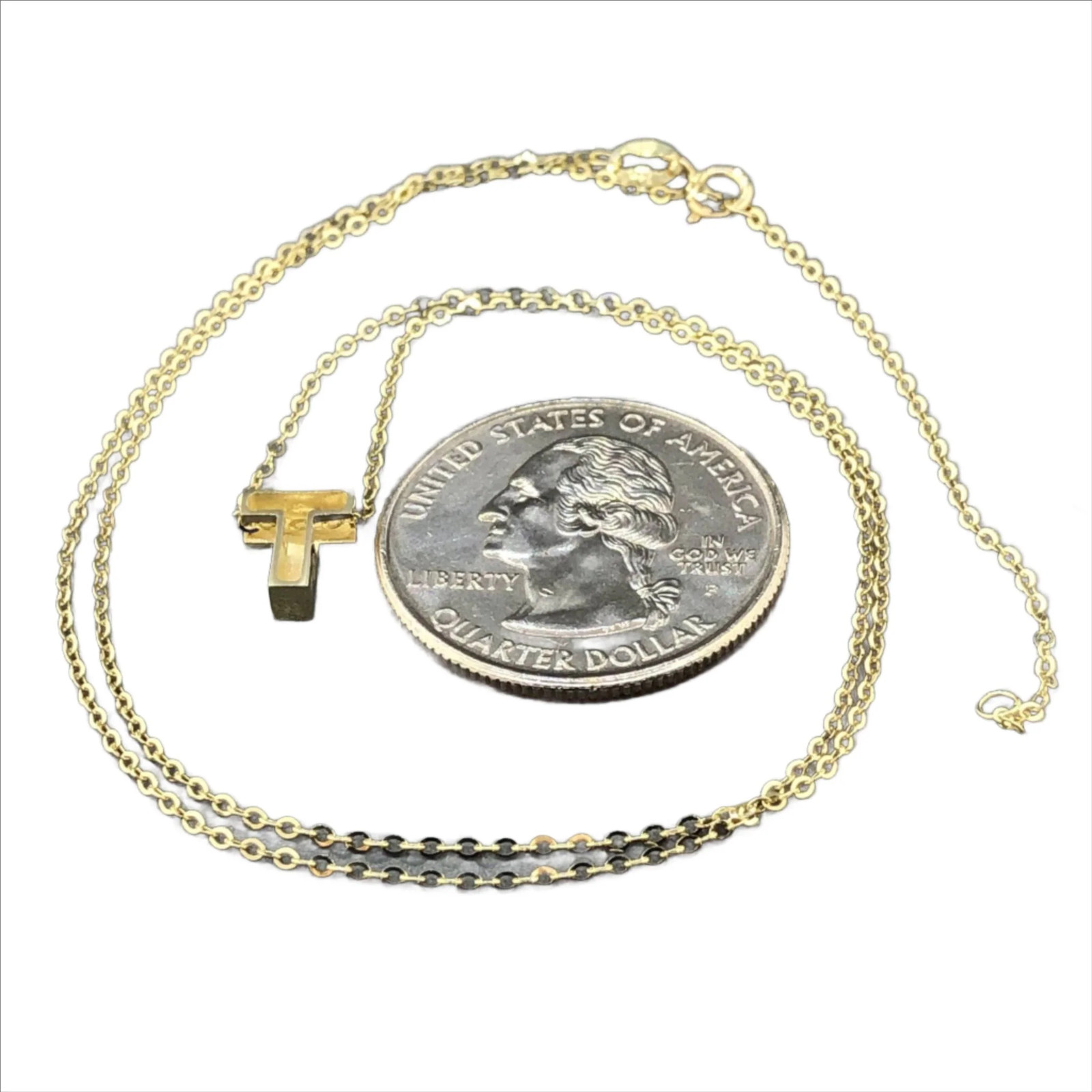 14K Yellow Gold initial ‘T’ pendant on a 16″ chain with a 2″ extender