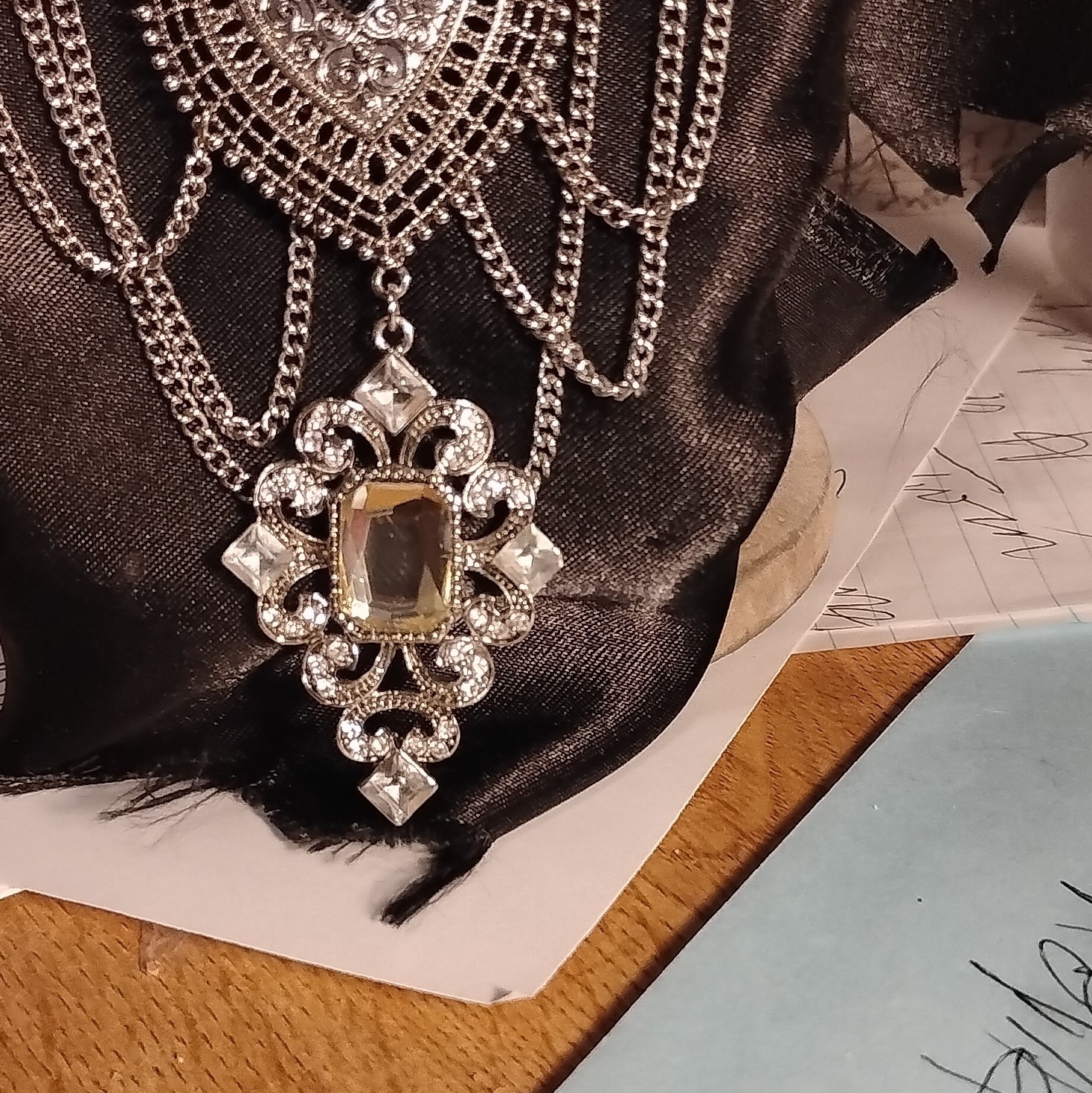 Silver Tone Statement Bib Layered Chain Clear Crystal Rectangle Pendant