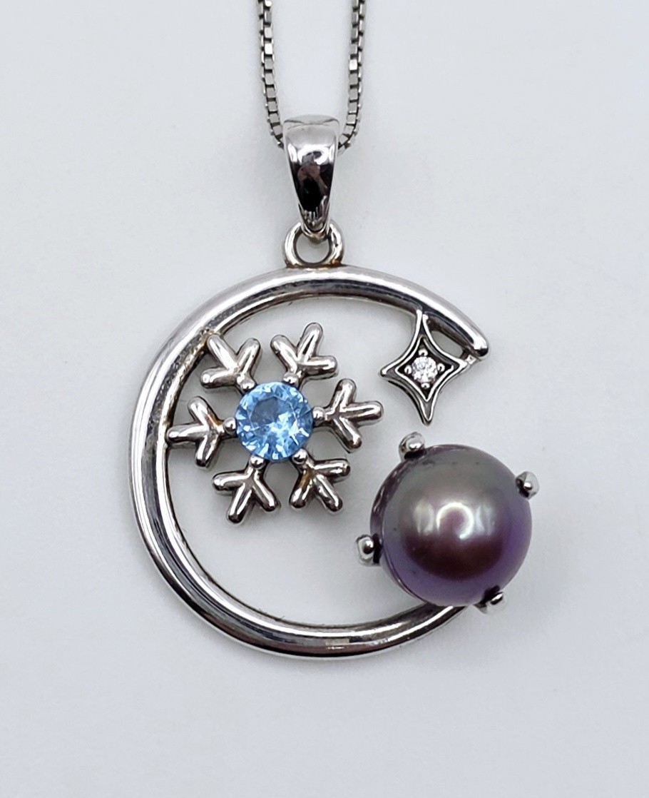 925 Sterling Silver Blue Topaz Pearl Celestial Crescent Moon Snowflake Necklace