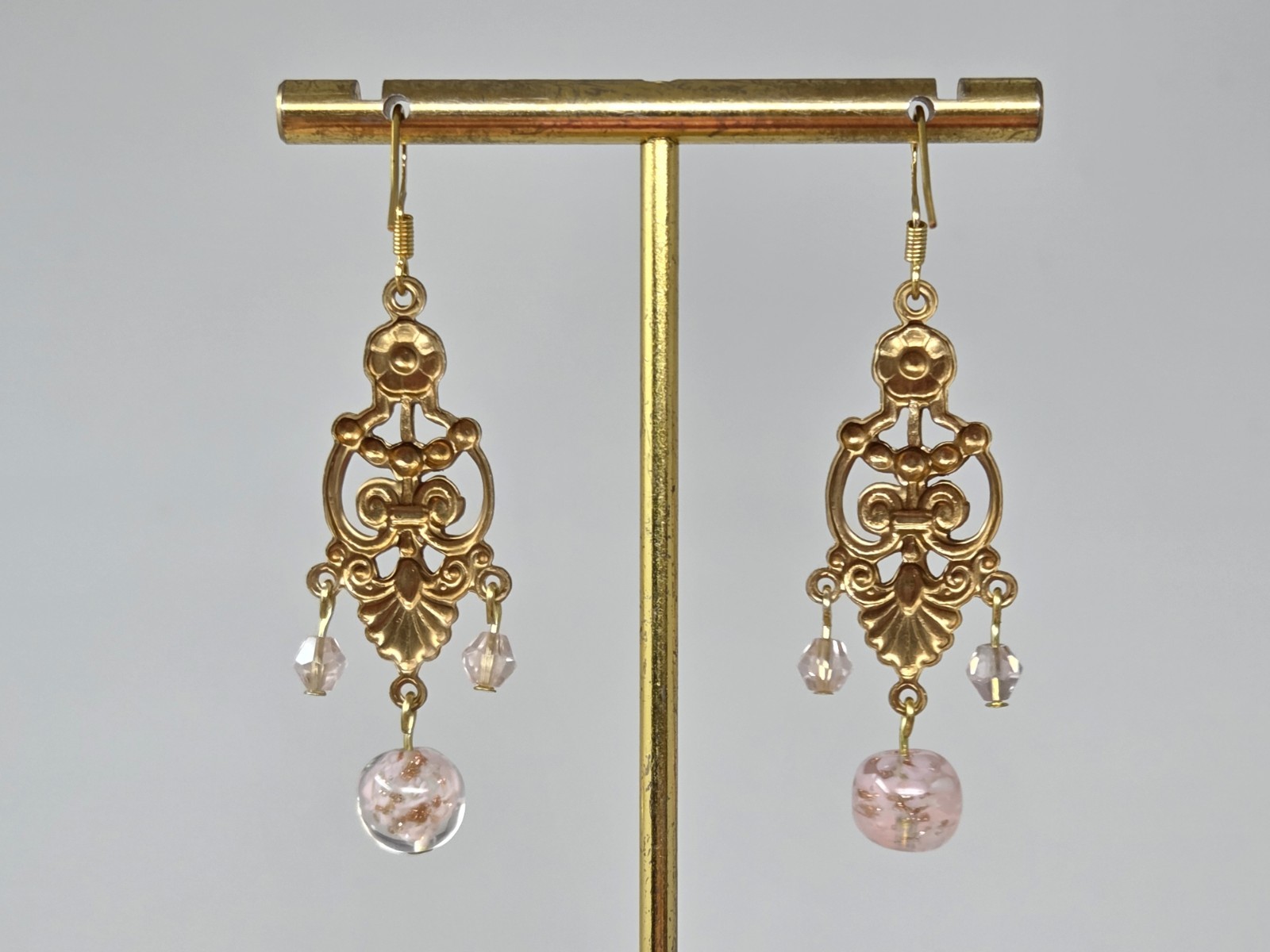 Light Pink Gold Murano Glass & Pink Crystal Dangle Drop Earrings Vintage 2 Inch