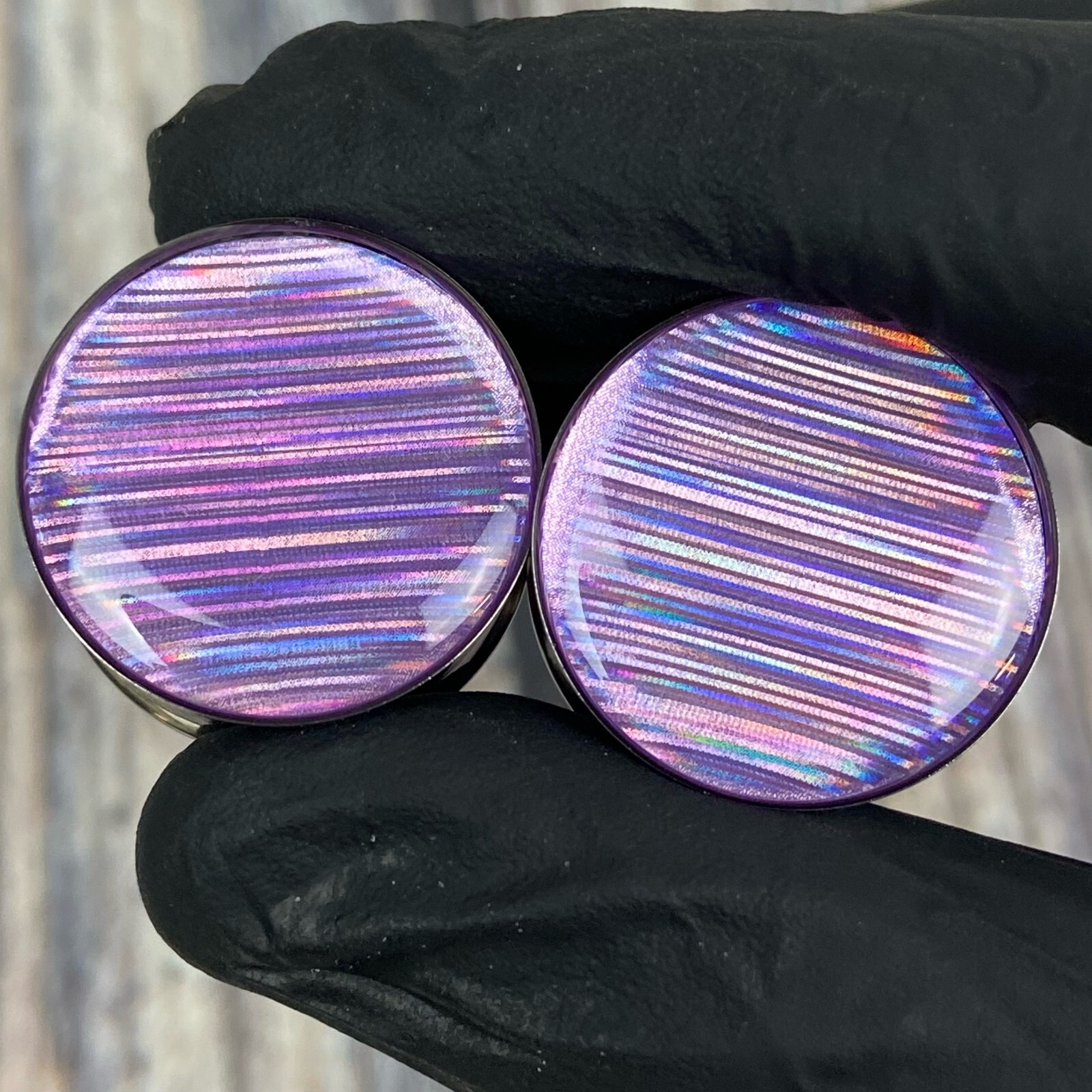 Lavender Holographic Ribbon Double Flare Resin Plugs (MTO-056) gauges pair