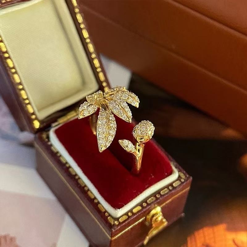 Fashion Women 18k Gold Plated Sparkling CZ Leaf Band Ring Adjustable Size 7-9