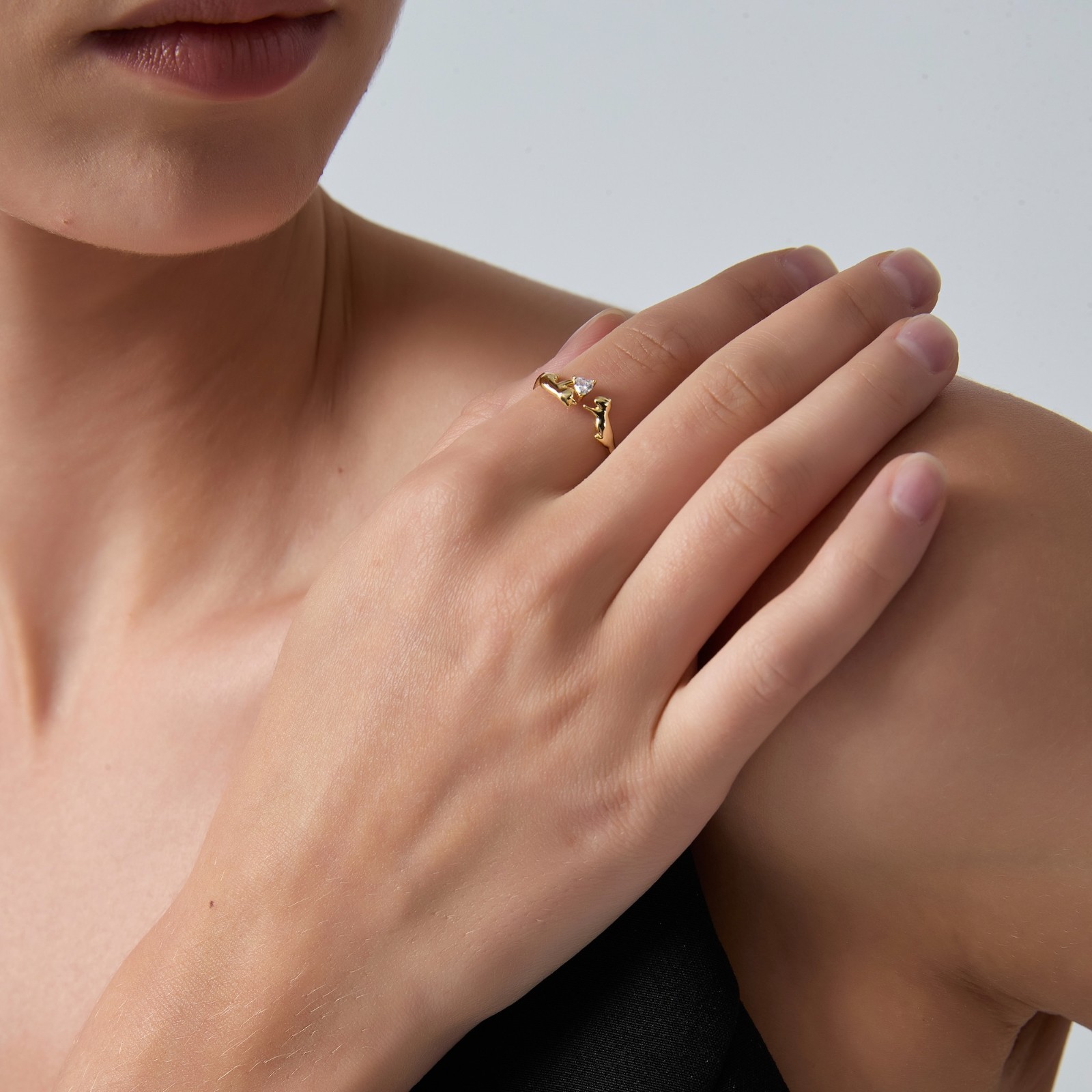 Dainty Cat Heart Stone Stacking Bypass Ring in 925 Sterling Silver