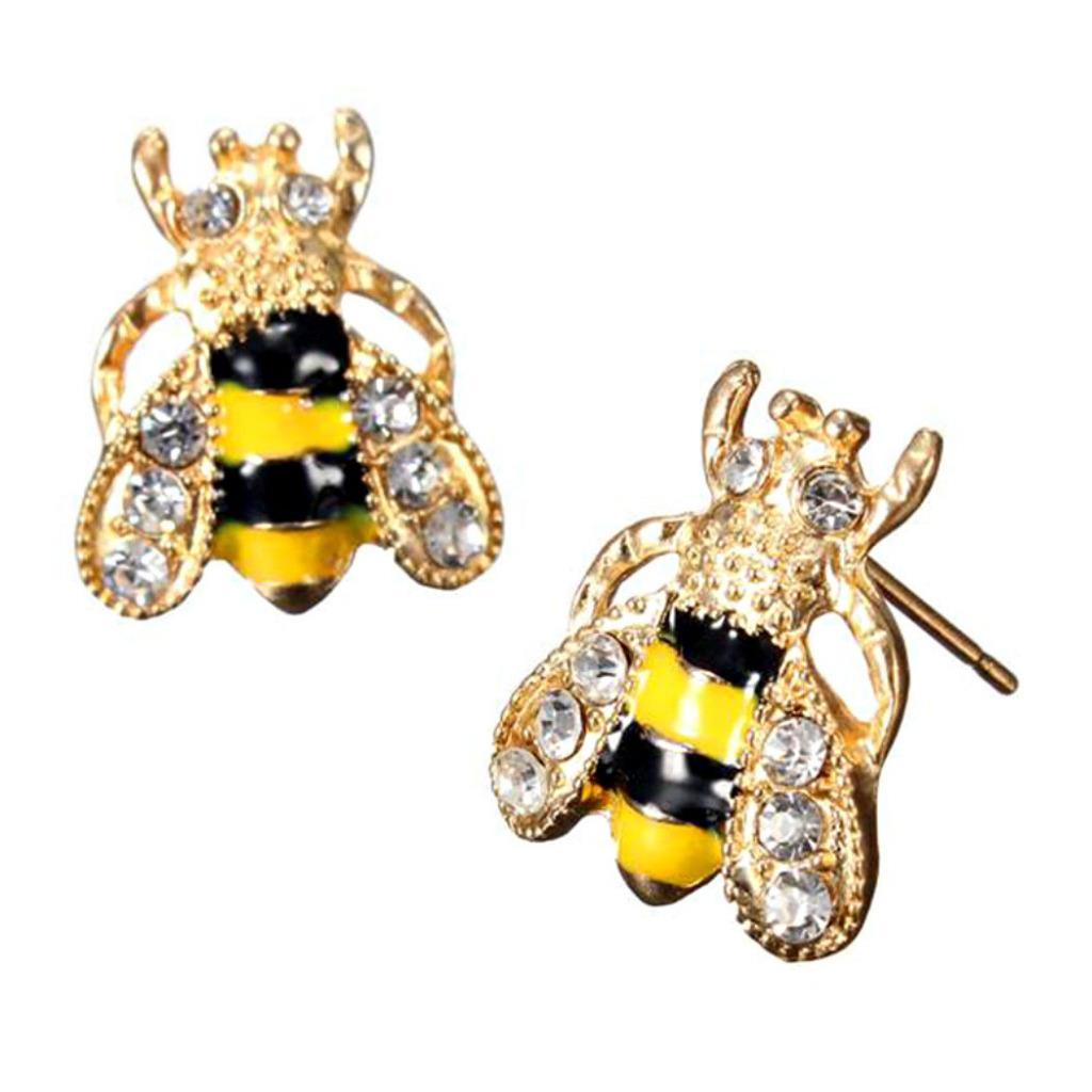 CUTE HONEY BEE EARRINGS Post Stud Pair NEW Yellow Black Enamel Bling Rhinestone