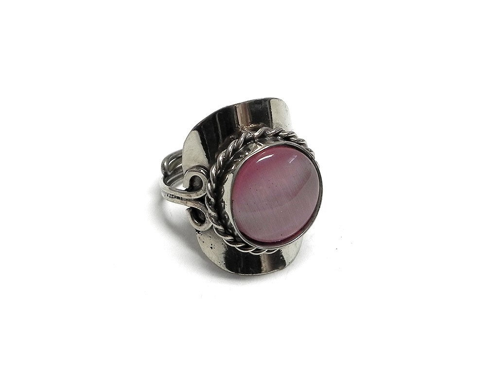 Small Round Cat’s Eye Adjustable Silver Metal Ring Handmade Boho Artisan Jewelry