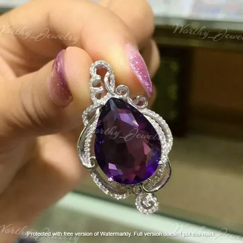 4.20Ct Pear Cut Amethyst Diamond Design Pendant 14K White Gold Finish