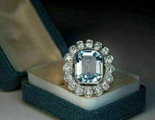 3Ct Emerald Cut Aquamarine Diamond Engagement Ring 14K White Gold Finis