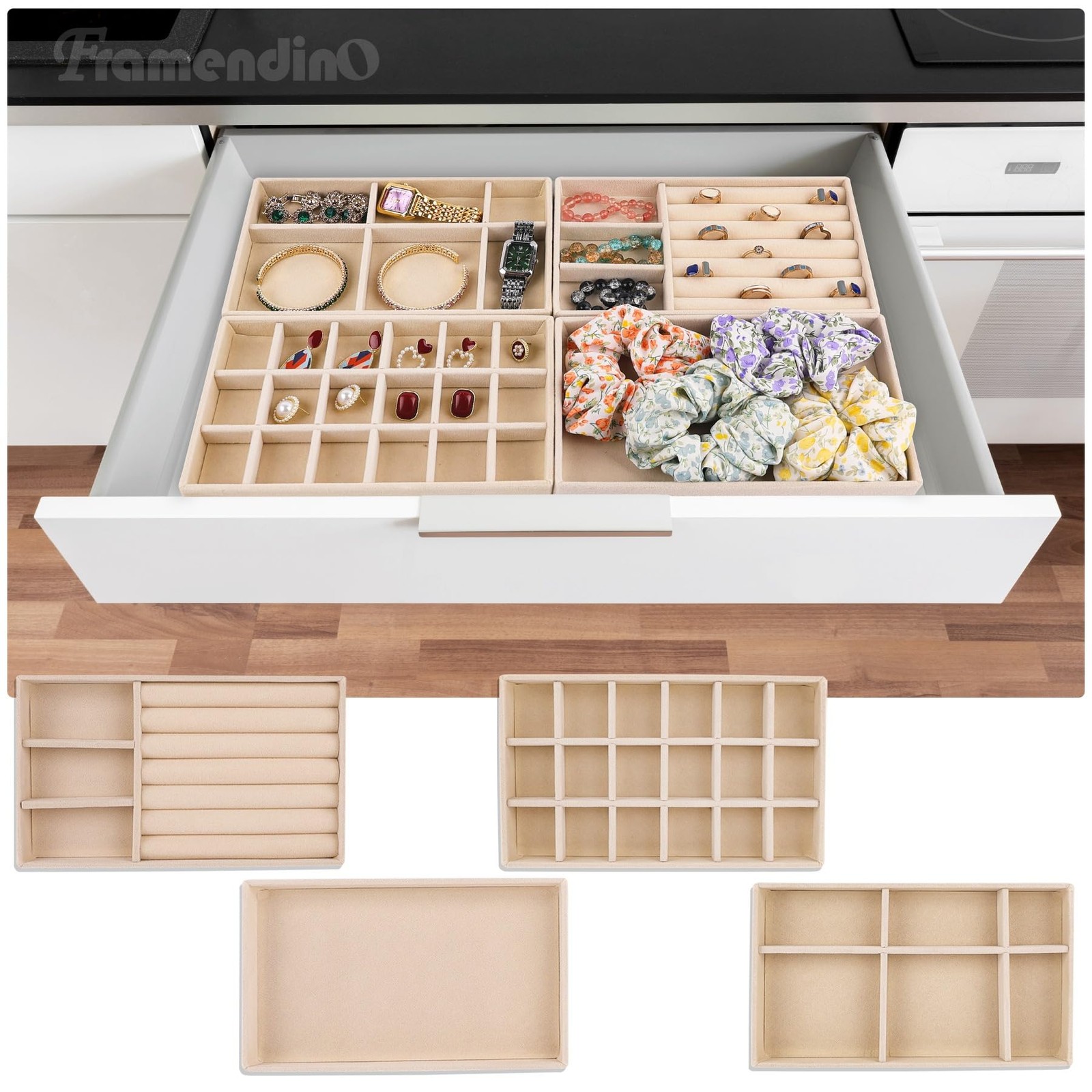 Framendino, 4 Pack Beige Velvet Jewelry Trays Stackable Organizer Drawer Inse…
