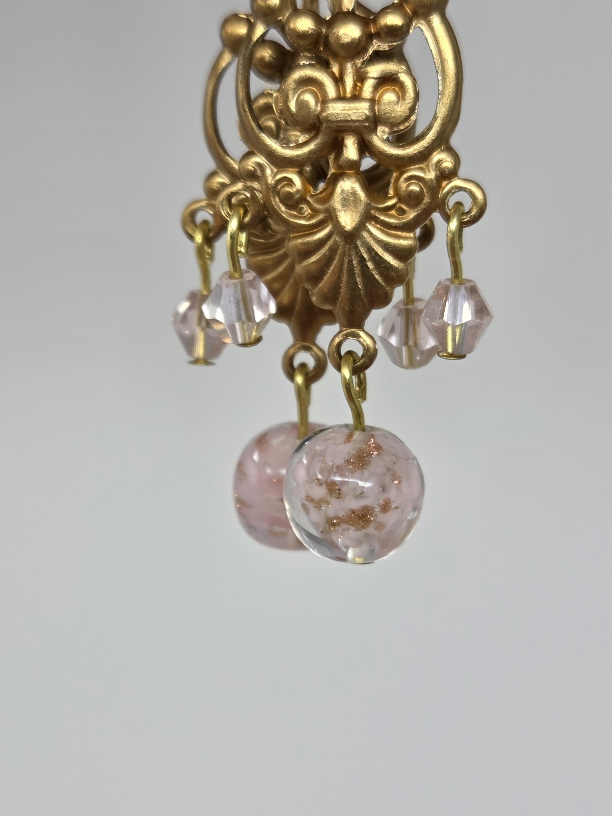 Light Pink Gold Murano Glass & Pink Crystal Dangle Drop Earrings Vintage 2 Inch