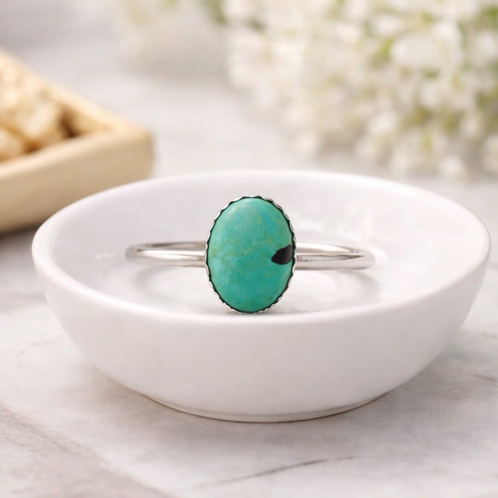 Turquoise Ring Sterling Silver Genuine Hubei Handmade Size 8 Oval Statement