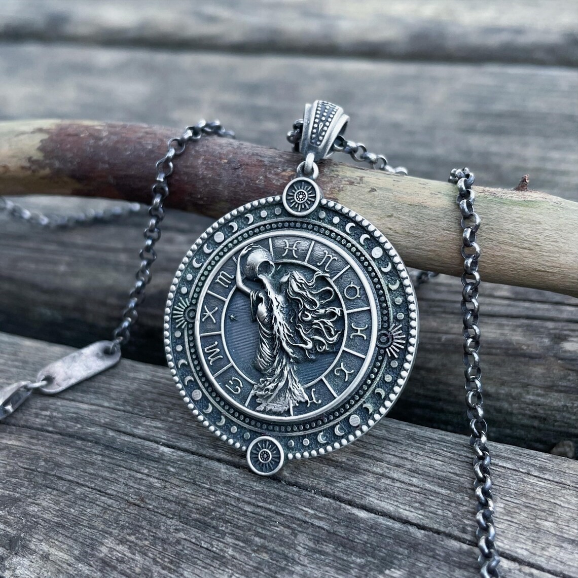 Aquarius Zodiac Oxidized 925 Sterling Silver Pendant Necklace Duty Free