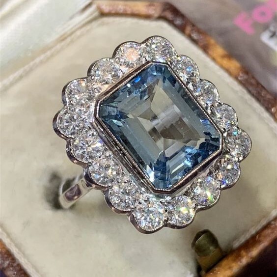 2.5 Ct Simulated Aquamarine Silver Plated Aesthetic Vintage Style Women Ring